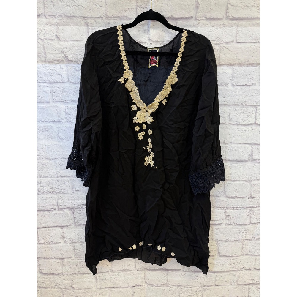 Johnny Was Tunic Sz ~L Black Floral Embroidered Lace Bell Sleeve Bohemian Chic